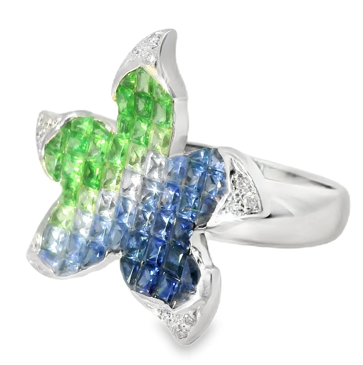 18K Designer White Gold Star Fish Starfish Diamond Sapphire Earrings Ring Set