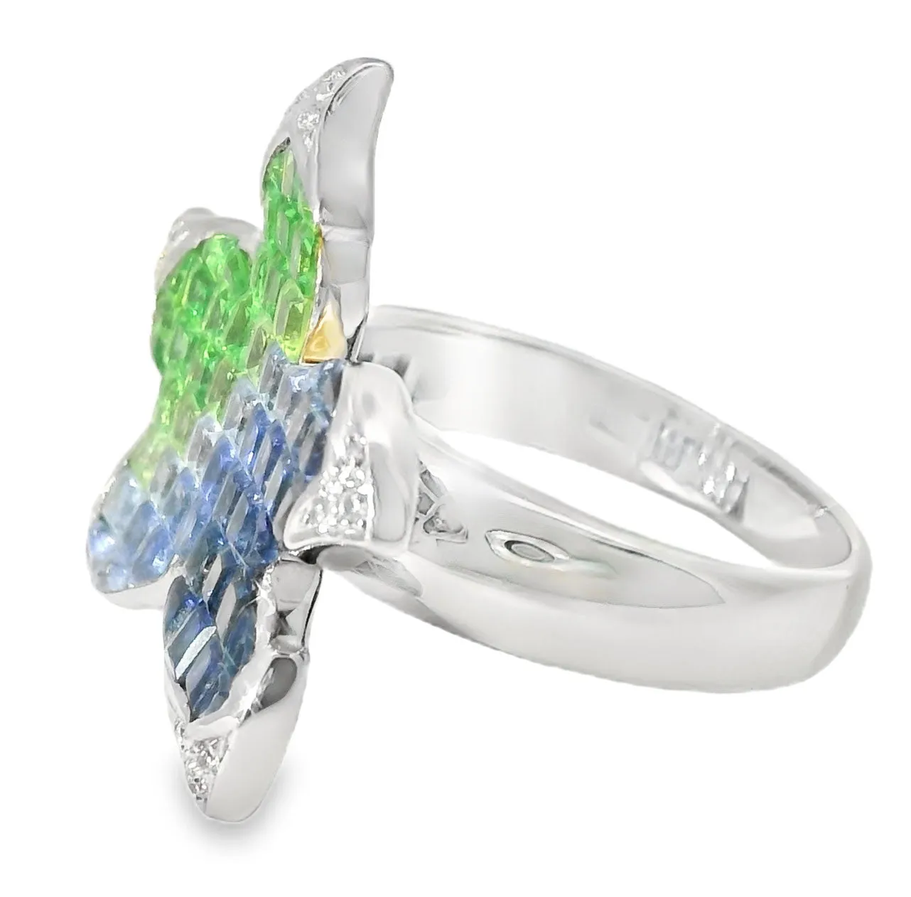 18K Designer White Gold Star Fish Starfish Diamond Sapphire Earrings Ring Set