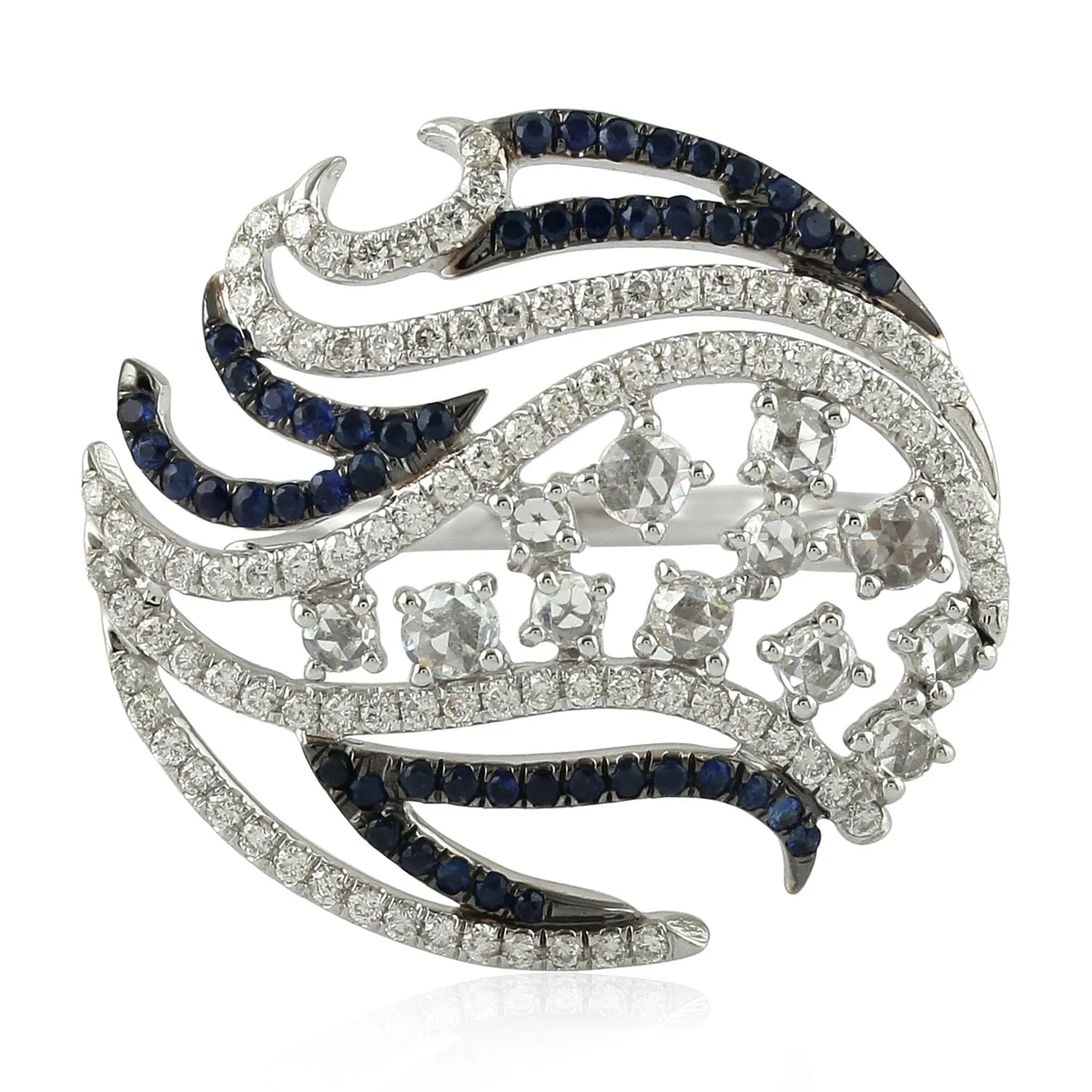 18K White Gold Prong Set Uncut Diamond Pave Blue Sapphire Geometric Ring For Gifts