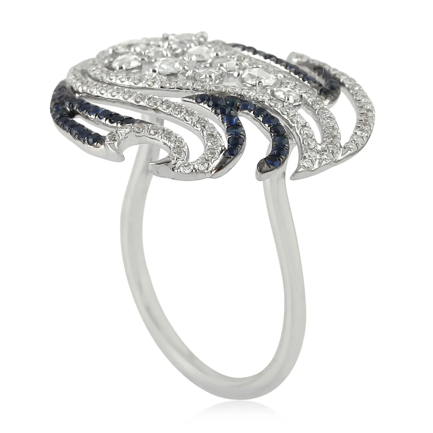 18K White Gold Prong Set Uncut Diamond Pave Blue Sapphire Geometric Ring For Gifts