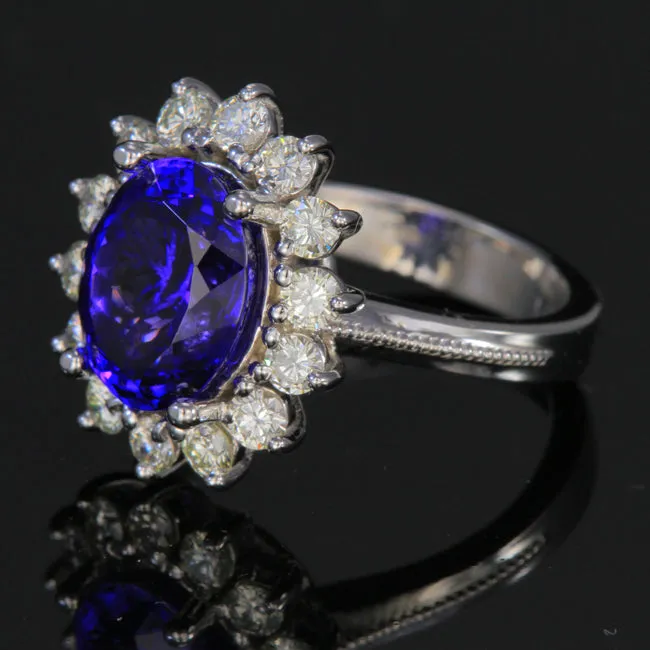 18k White Gold Tanzanite Ring with Halo of Diamonds 4.72 Carats
