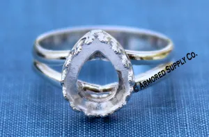 18x13mm Crown Pear Bezel Sterling Silver Split Shank Ring Band blank