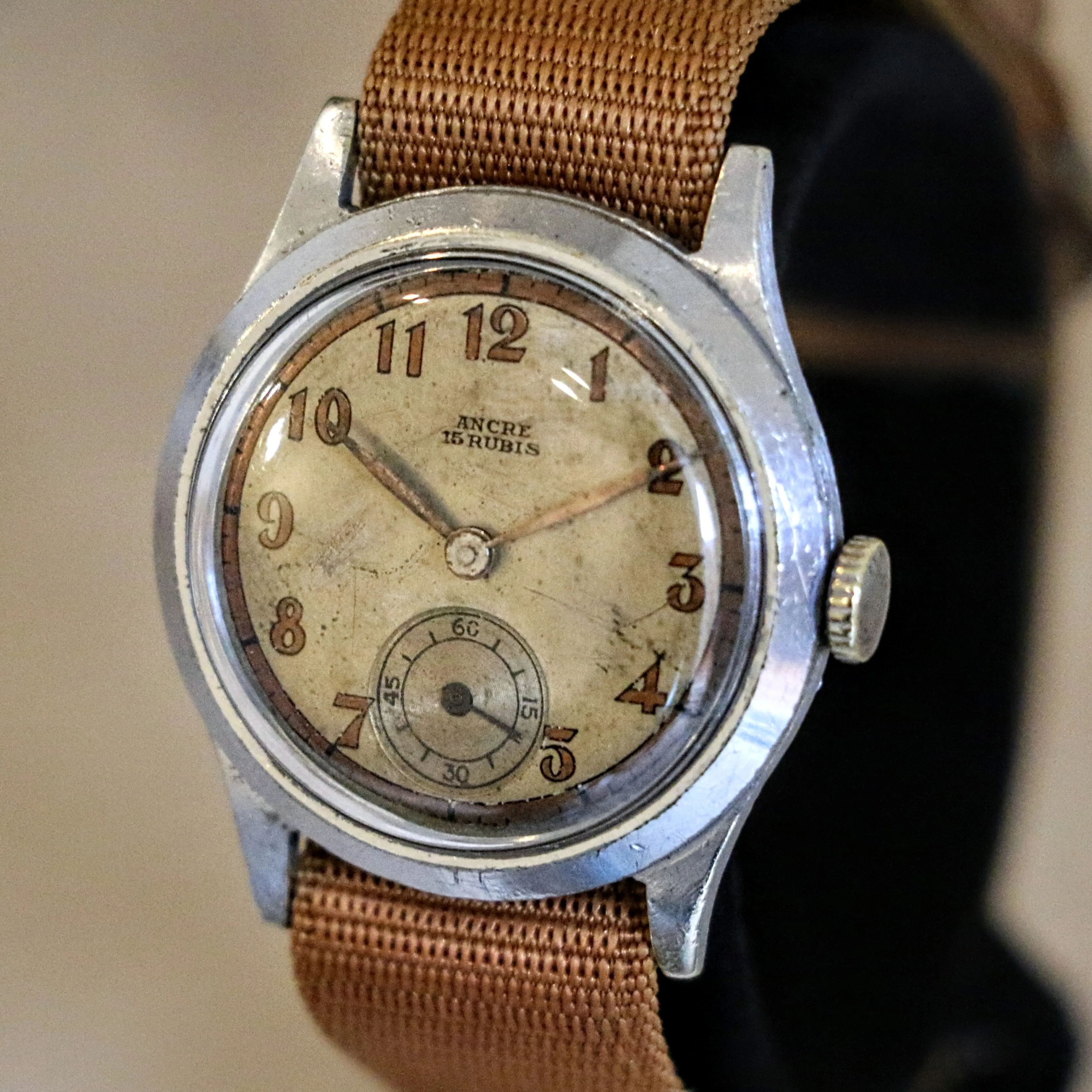 1940s ANCRE 15 Rubis Wristwatch Vintage French WWII Military Watch