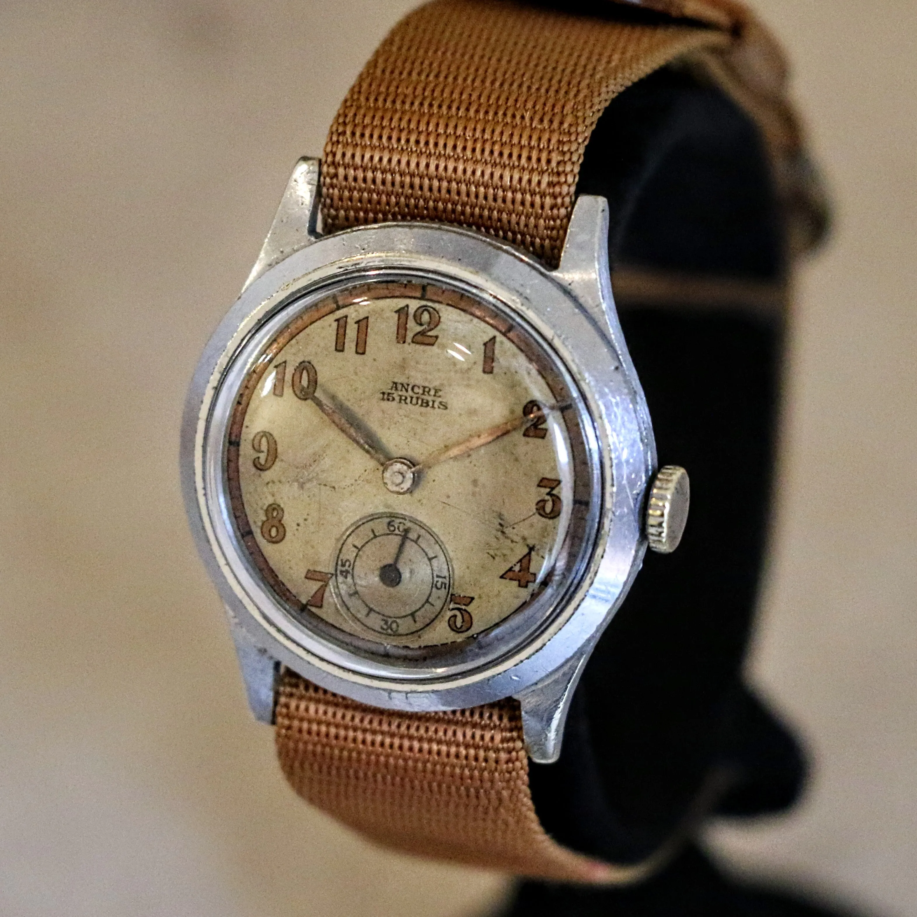1940s ANCRE 15 Rubis Wristwatch Vintage French WWII Military Watch