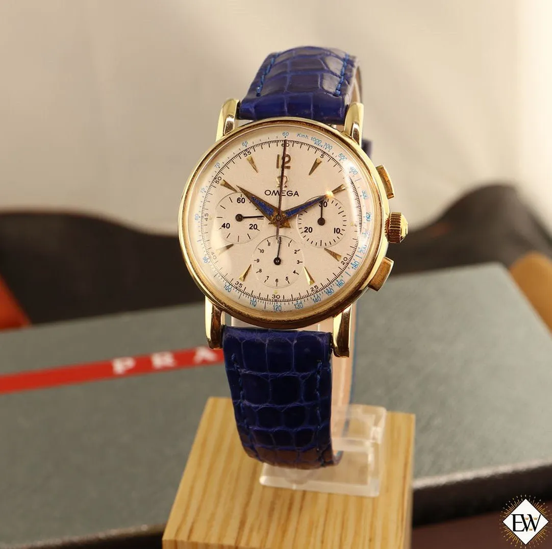 1949 Vintage Omega 2439 Chronograph 14K Gold Cal 321 Box Blue Art Deco Hands