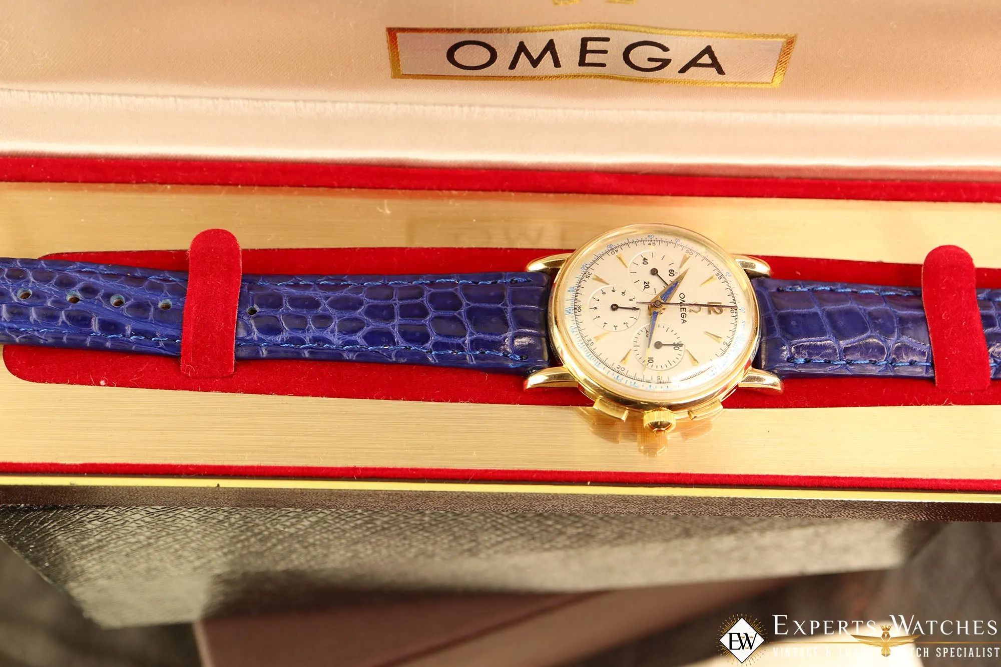 1949 Vintage Omega 2439 Chronograph 14K Gold Cal 321 Box Blue Art Deco Hands