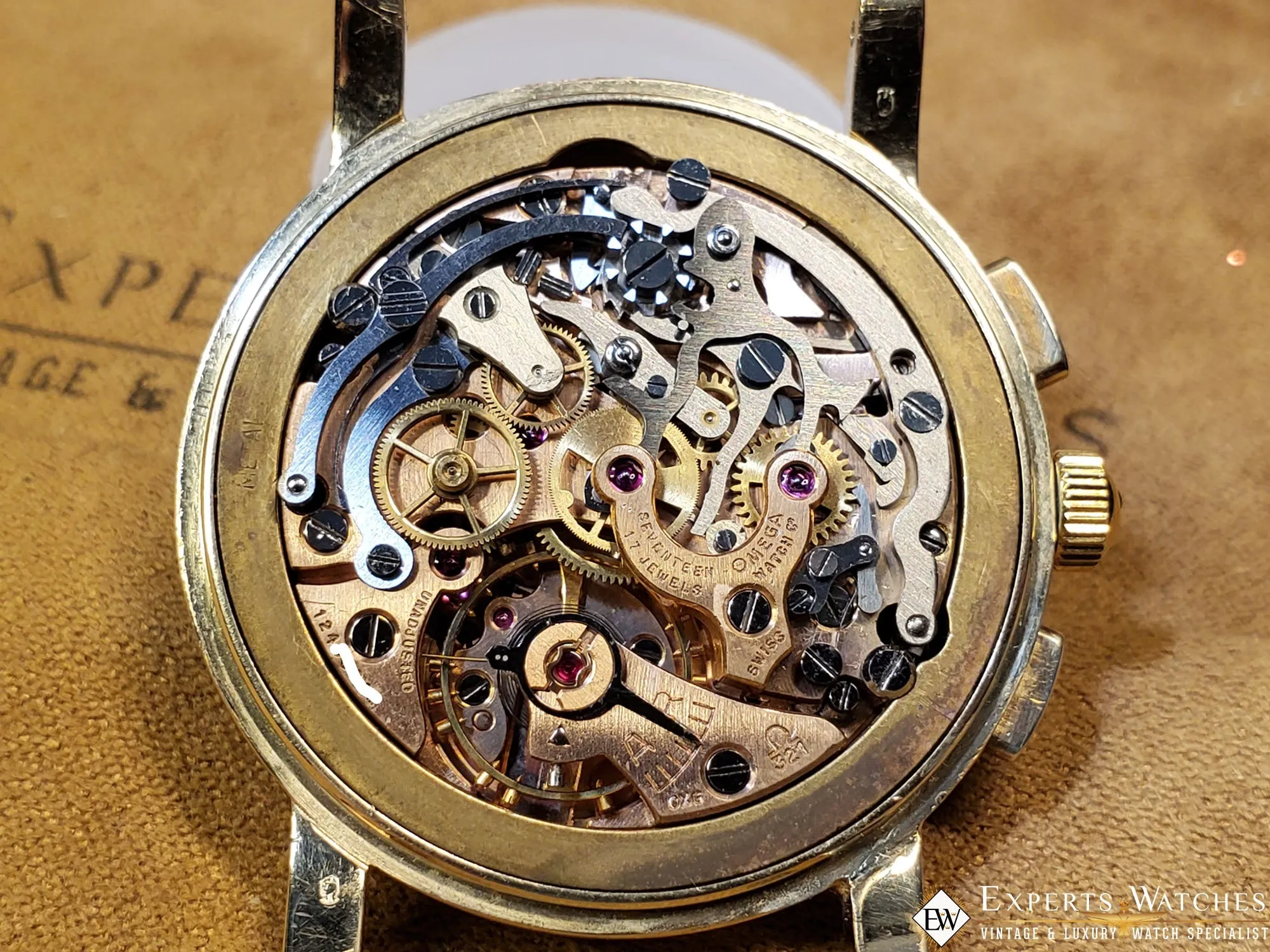 1949 Vintage Omega 2439 Chronograph 14K Gold Cal 321 Box Blue Art Deco Hands