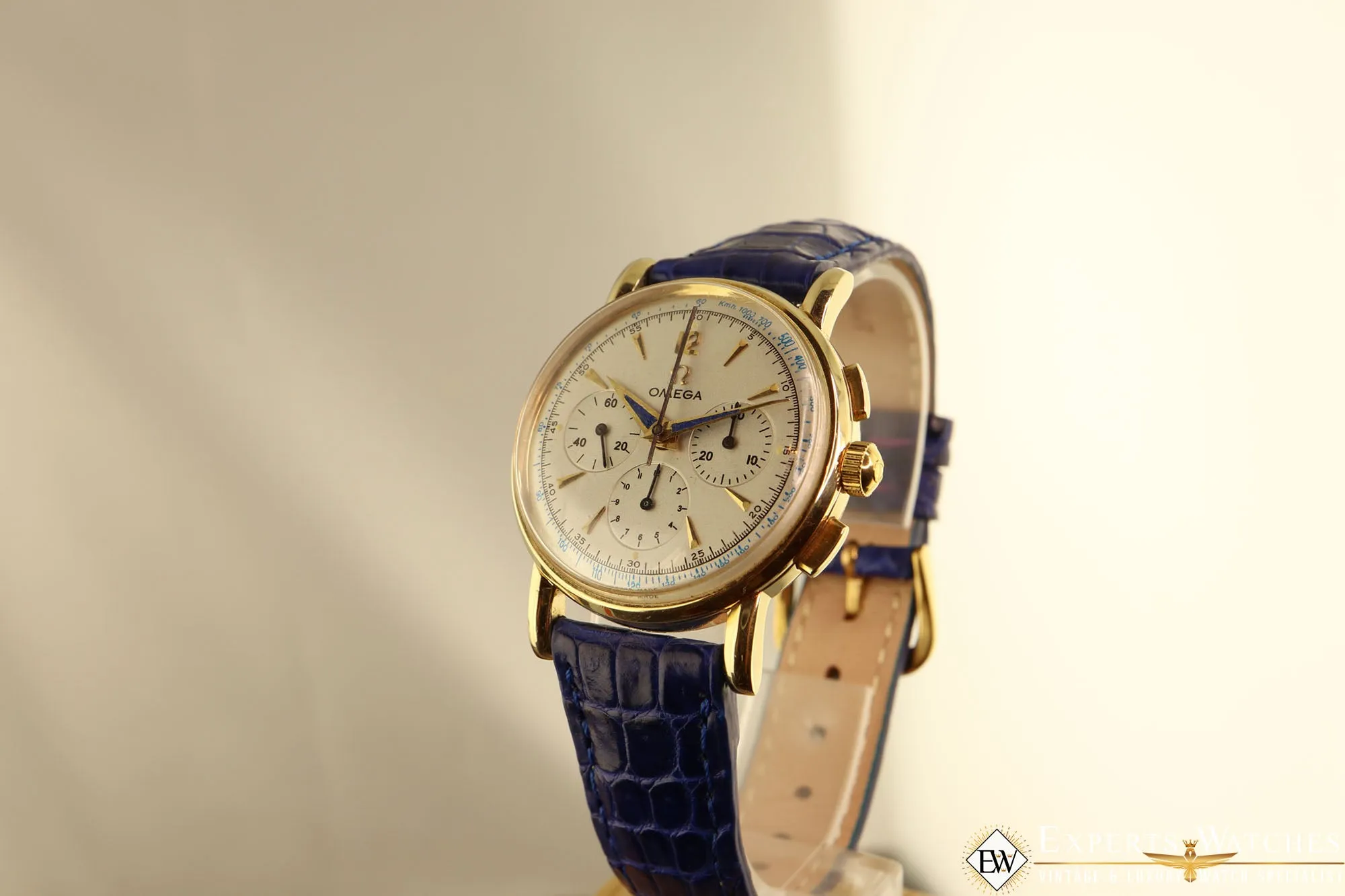 1949 Vintage Omega 2439 Chronograph 14K Gold Cal 321 Box Blue Art Deco Hands