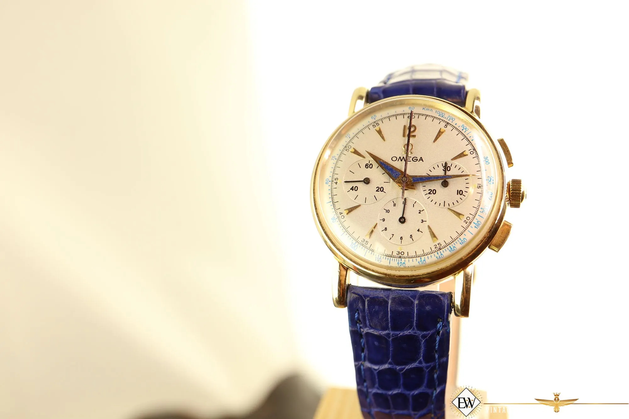 1949 Vintage Omega 2439 Chronograph 14K Gold Cal 321 Box Blue Art Deco Hands