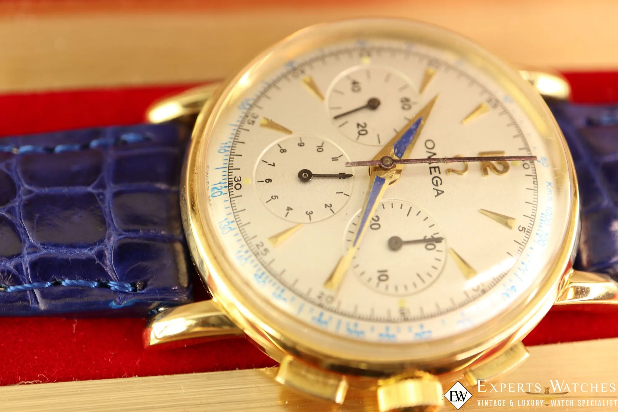 1949 Vintage Omega 2439 Chronograph 14K Gold Cal 321 Box Blue Art Deco Hands
