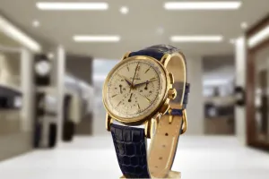 1949 Vintage Omega 2439 Chronograph 14K Gold Cal 321 Box Blue Art Deco Hands