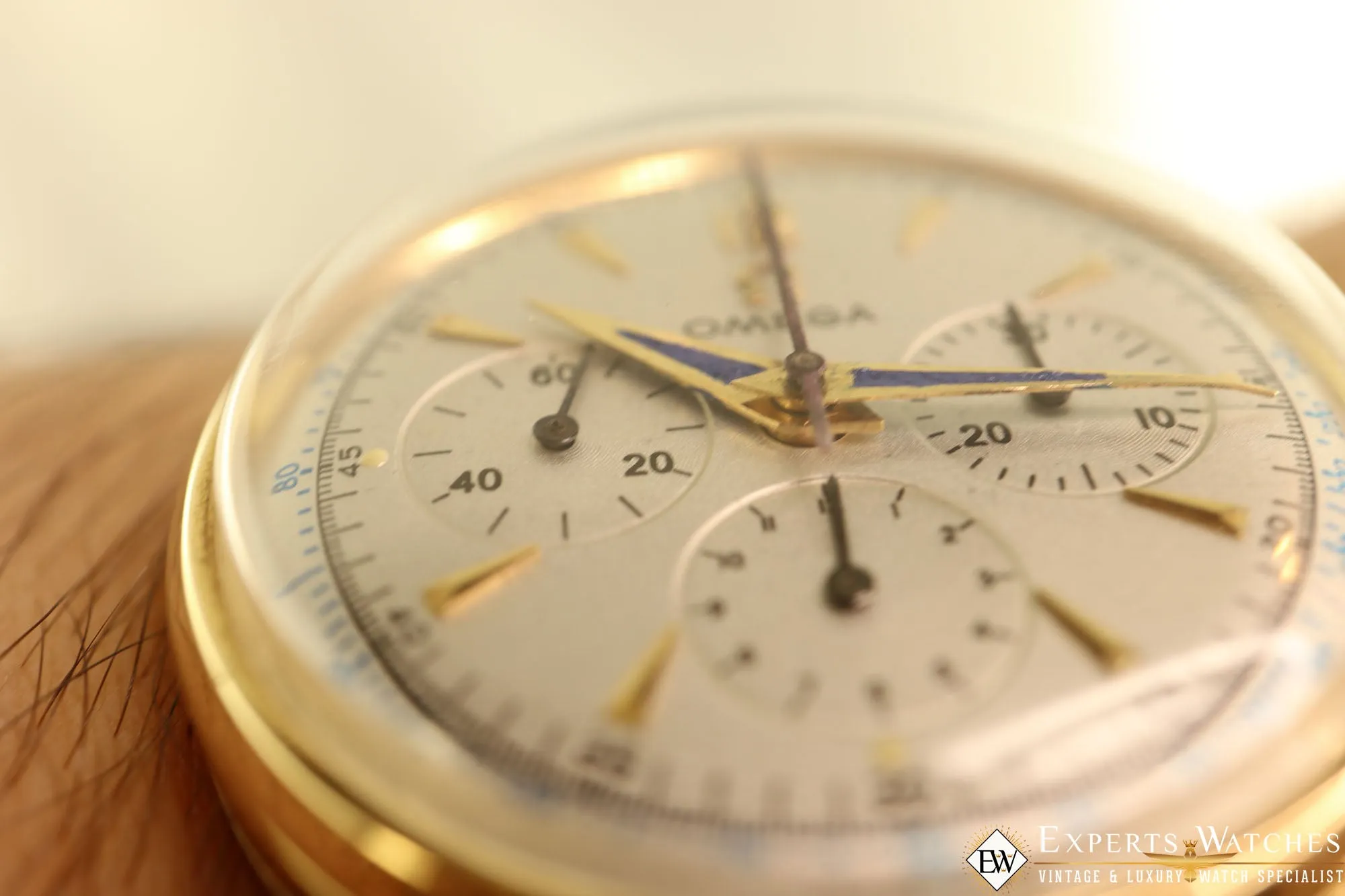 1949 Vintage Omega 2439 Chronograph 14K Gold Cal 321 Box Blue Art Deco Hands