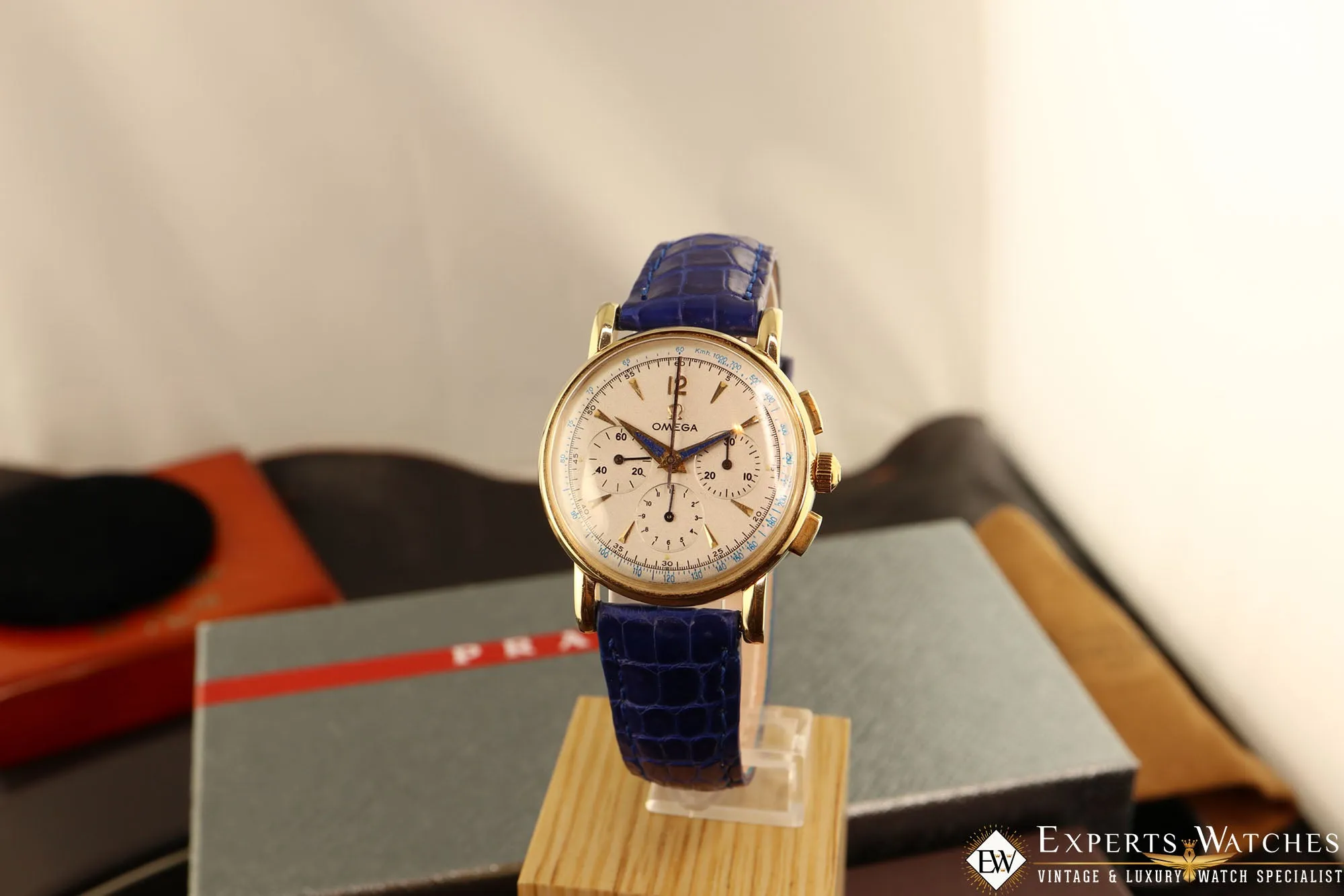 1949 Vintage Omega 2439 Chronograph 14K Gold Cal 321 Box Blue Art Deco Hands