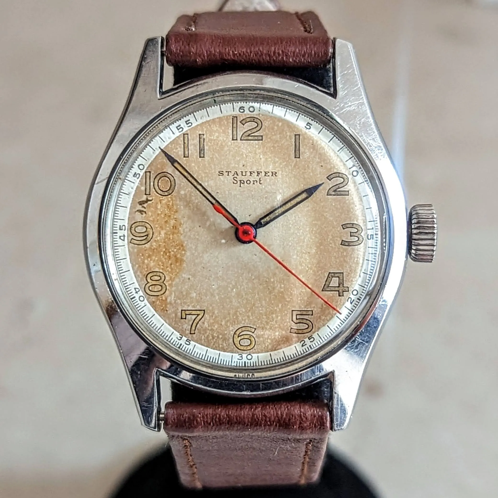 1950s STAUFFER Sport Wristwatch 17 Jewels Swiss Made Military Style Watch