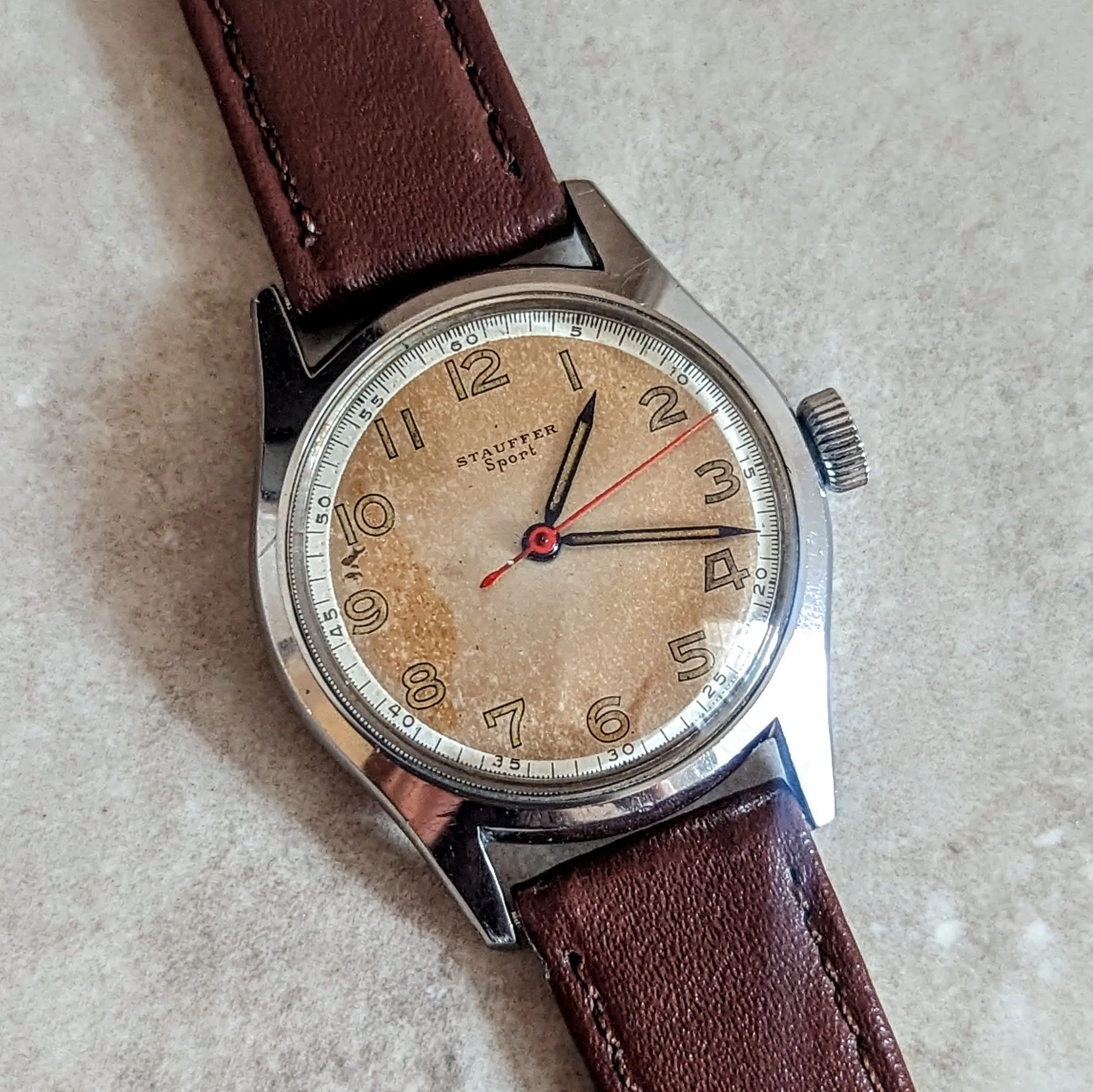 1950s STAUFFER Sport Wristwatch 17 Jewels Swiss Made Military Style Watch