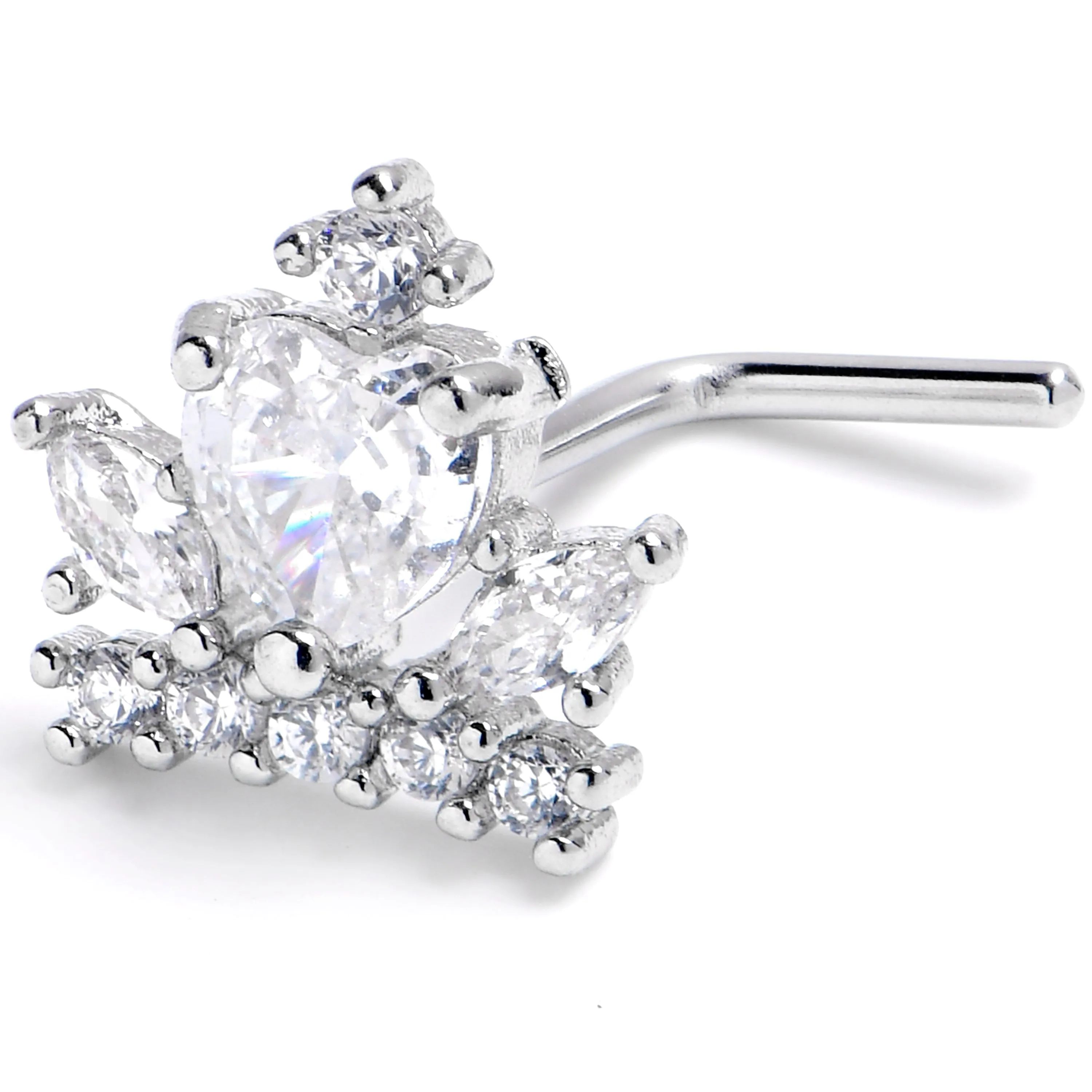 20 Gauge 7mm Clear CZ Gem Heart Crown L Shape Nose Ring