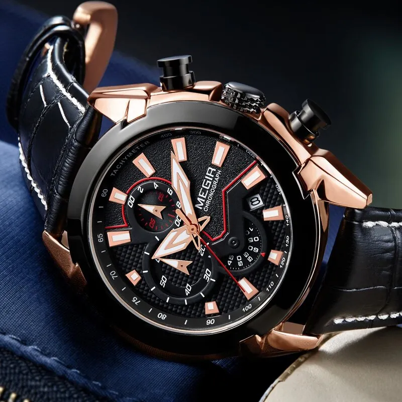 2022 New MEGIR Men&#39;s Fashion Sports Quartz Watch Men Leather with Chronograph Mens Watches Military Waterproof Sport Wrist Watch