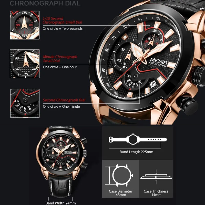 2022 New MEGIR Men&#39;s Fashion Sports Quartz Watch Men Leather with Chronograph Mens Watches Military Waterproof Sport Wrist Watch