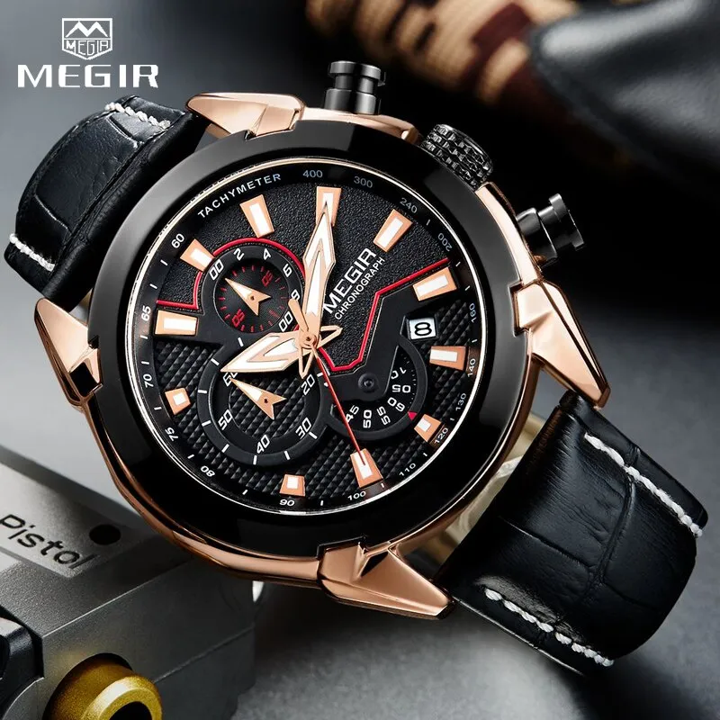 2022 New MEGIR Men&#39;s Fashion Sports Quartz Watch Men Leather with Chronograph Mens Watches Military Waterproof Sport Wrist Watch