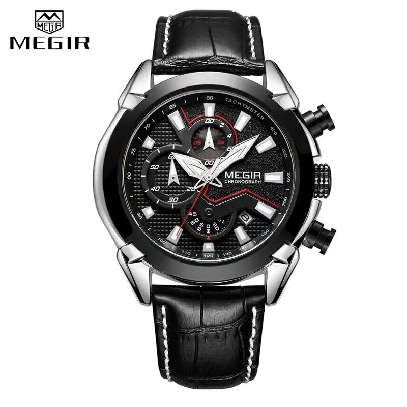 2022 New MEGIR Men&#39;s Fashion Sports Quartz Watch Men Leather with Chronograph Mens Watches Military Waterproof Sport Wrist Watch
