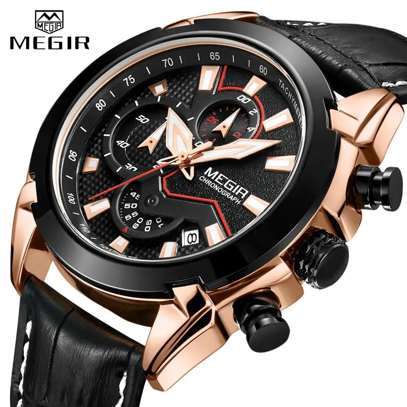 2022 New MEGIR Men&#39;s Fashion Sports Quartz Watch Men Leather with Chronograph Mens Watches Military Waterproof Sport Wrist Watch