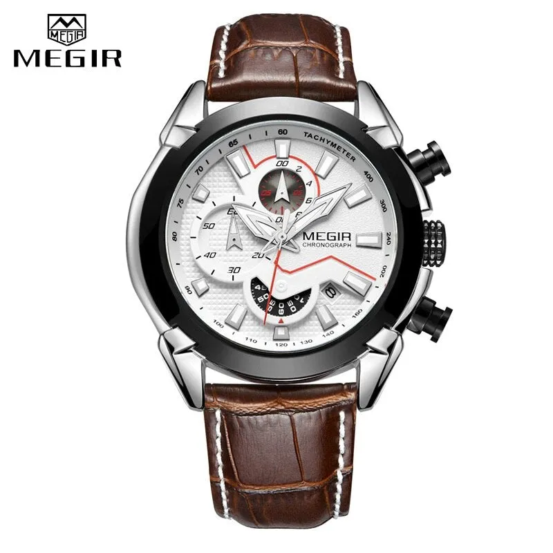 2022 New MEGIR Men&#39;s Fashion Sports Quartz Watch Men Leather with Chronograph Mens Watches Military Waterproof Sport Wrist Watch