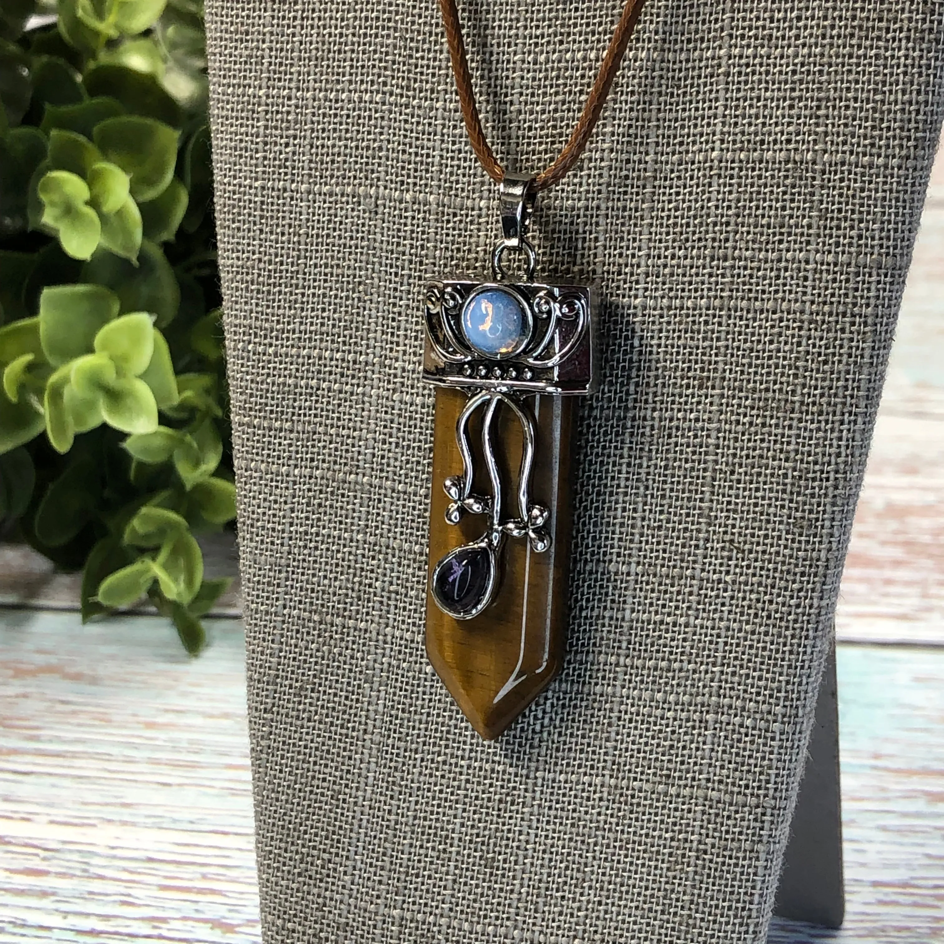 20" Waxed Leather Cord Necklace with Tiger's Eye Point Pendant w/ Amethyst and Opalite Accents