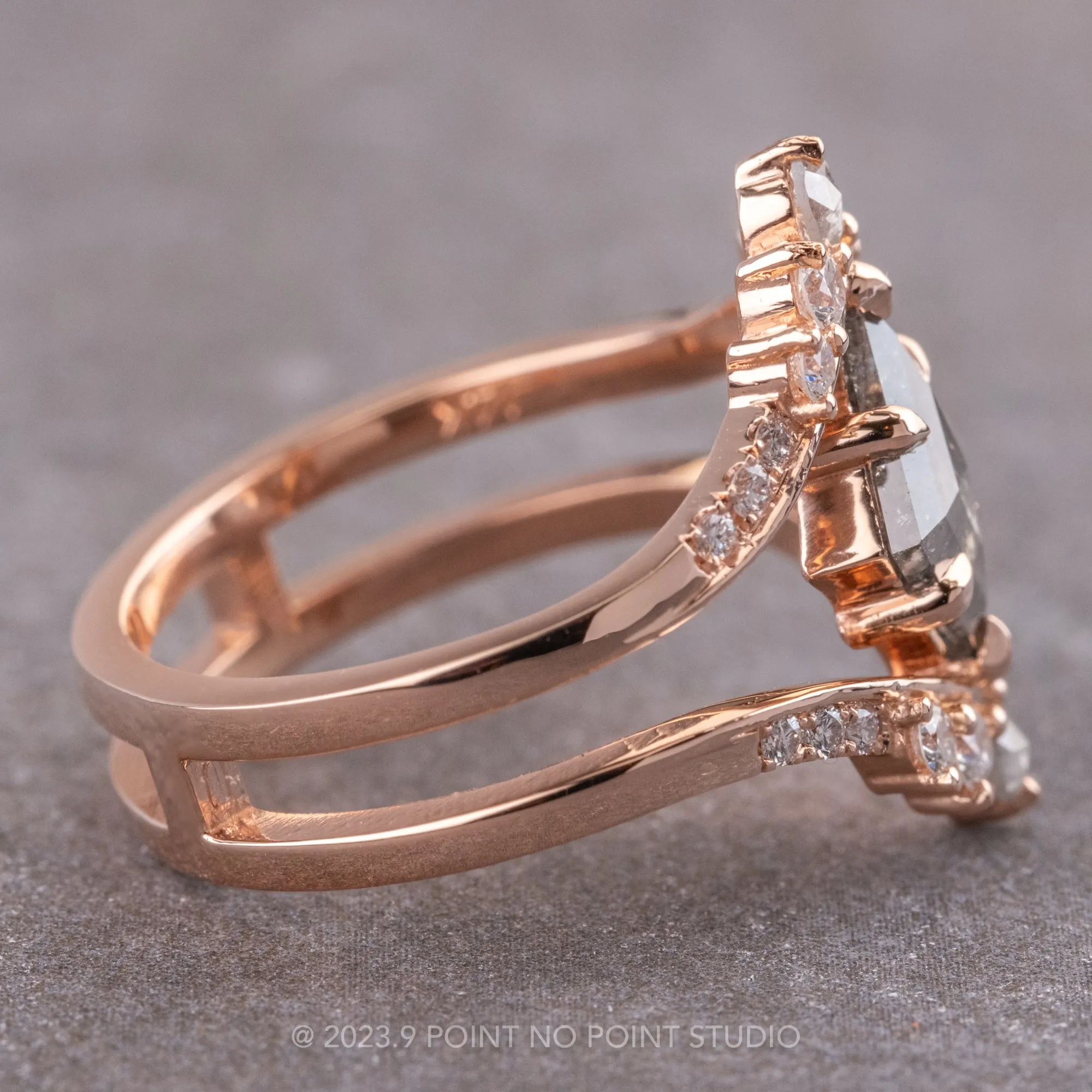 2.26 Carat Salt and Pepper Lozenge Diamond Engagement Ring, Empress Setting, 14K Rose Gold