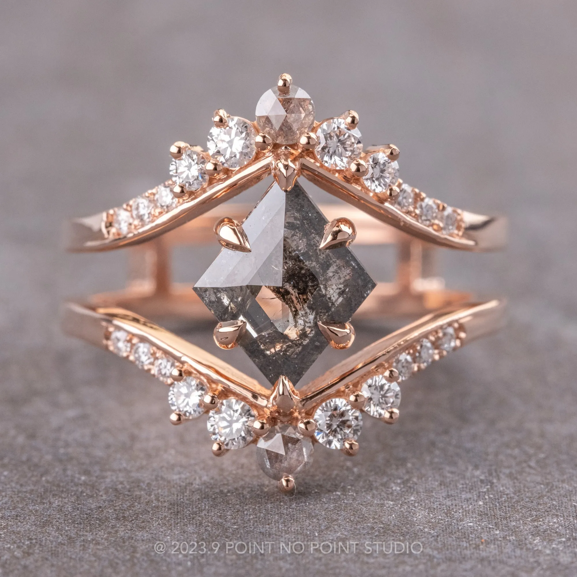 2.26 Carat Salt and Pepper Lozenge Diamond Engagement Ring, Empress Setting, 14K Rose Gold