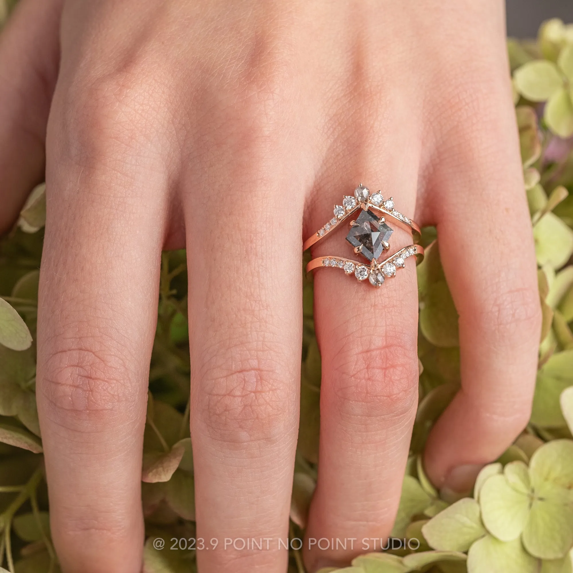 2.26 Carat Salt and Pepper Lozenge Diamond Engagement Ring, Empress Setting, 14K Rose Gold