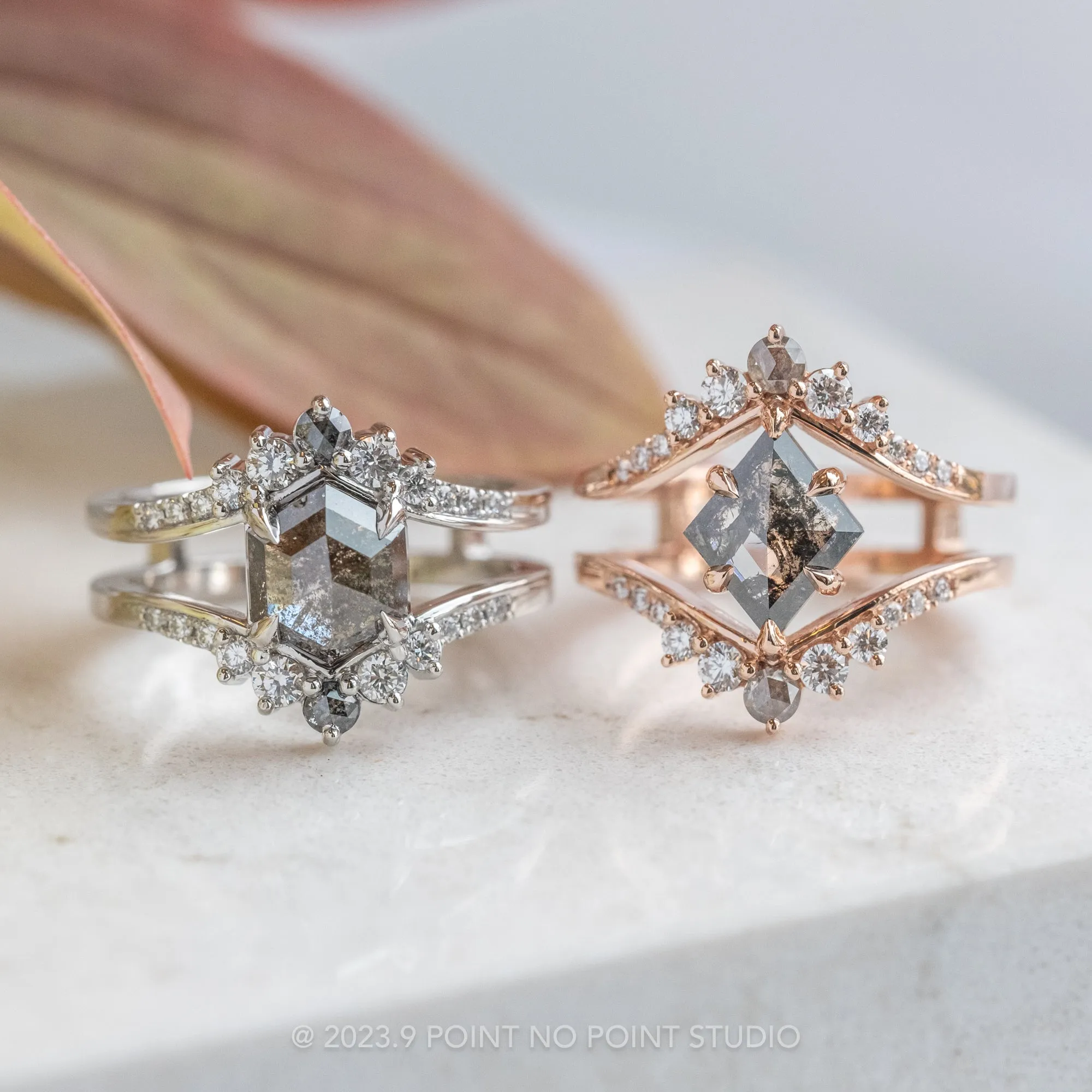 2.26 Carat Salt and Pepper Lozenge Diamond Engagement Ring, Empress Setting, 14K Rose Gold