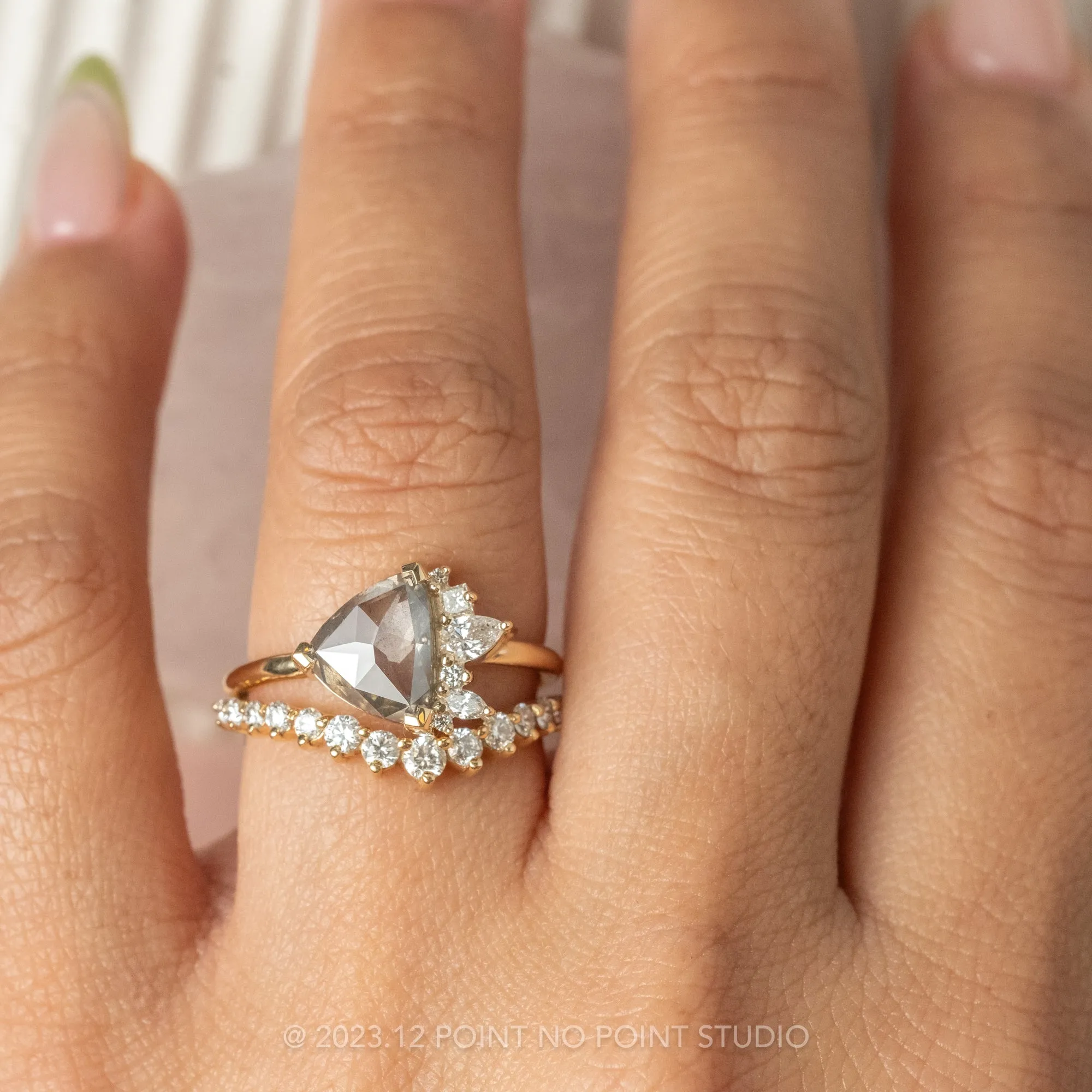 2.37 Carat Salt and Pepper Trillion Diamond Engagement Ring, Sammy Setting, 14K Yellow Gold