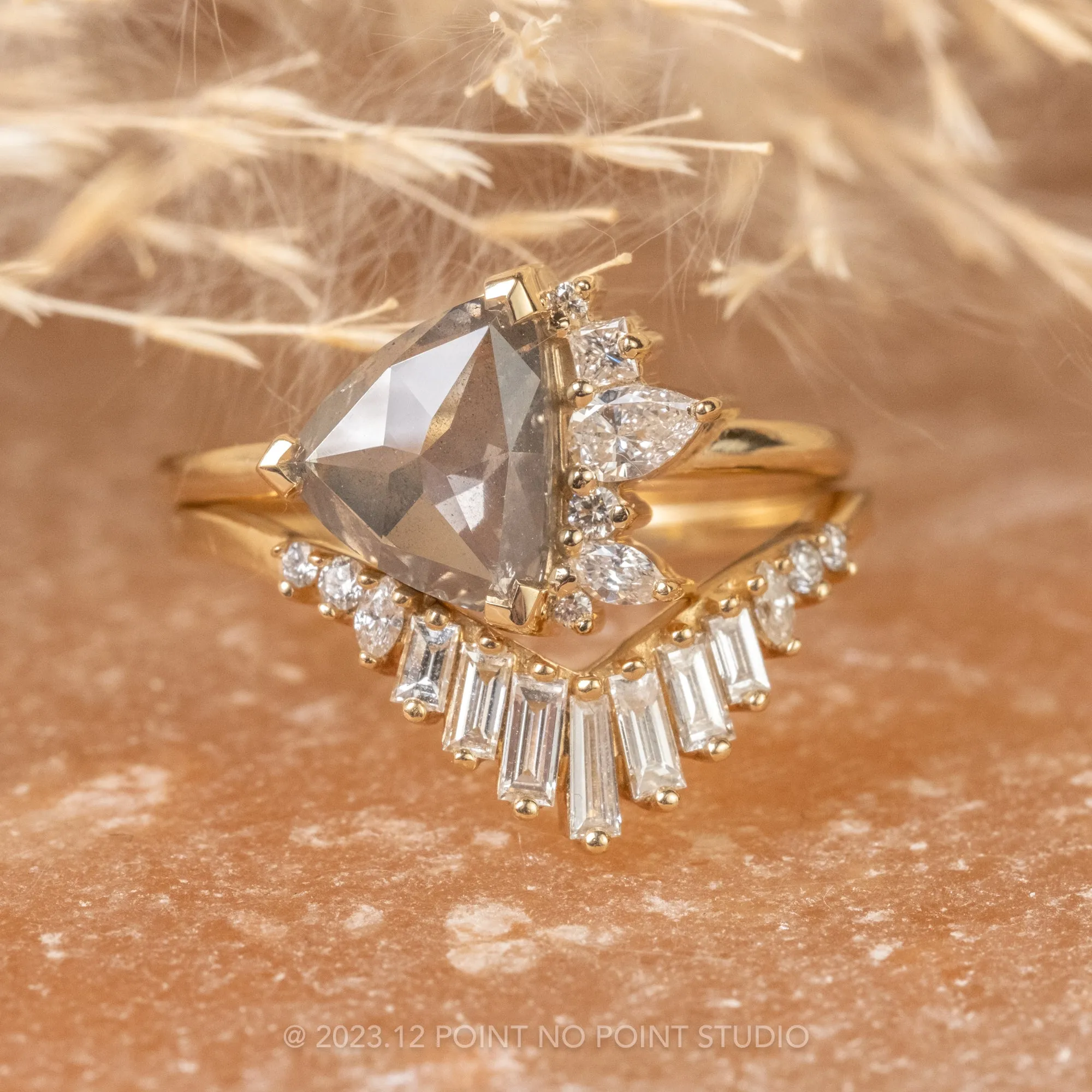 2.37 Carat Salt and Pepper Trillion Diamond Engagement Ring, Sammy Setting, 14K Yellow Gold