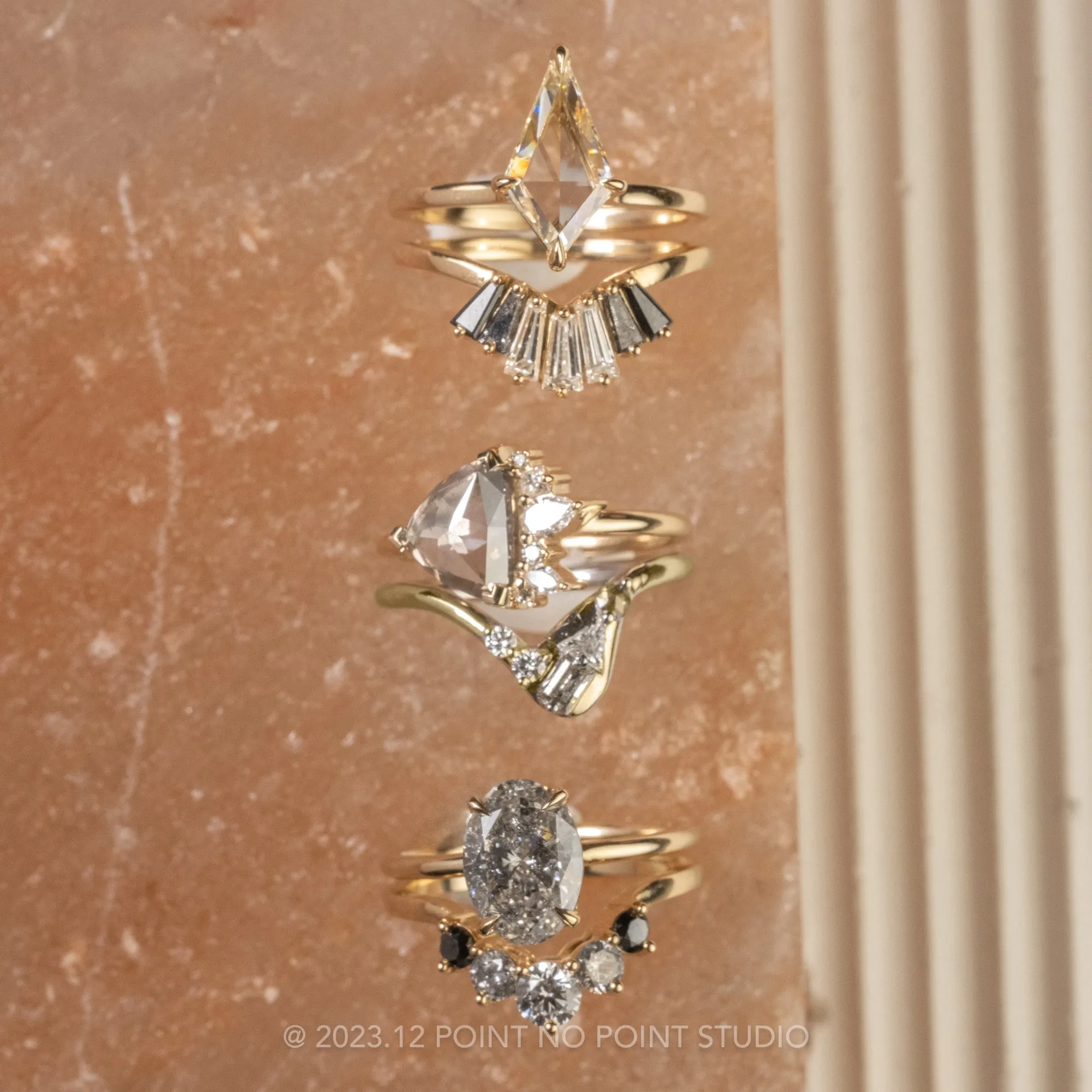2.37 Carat Salt and Pepper Trillion Diamond Engagement Ring, Sammy Setting, 14K Yellow Gold