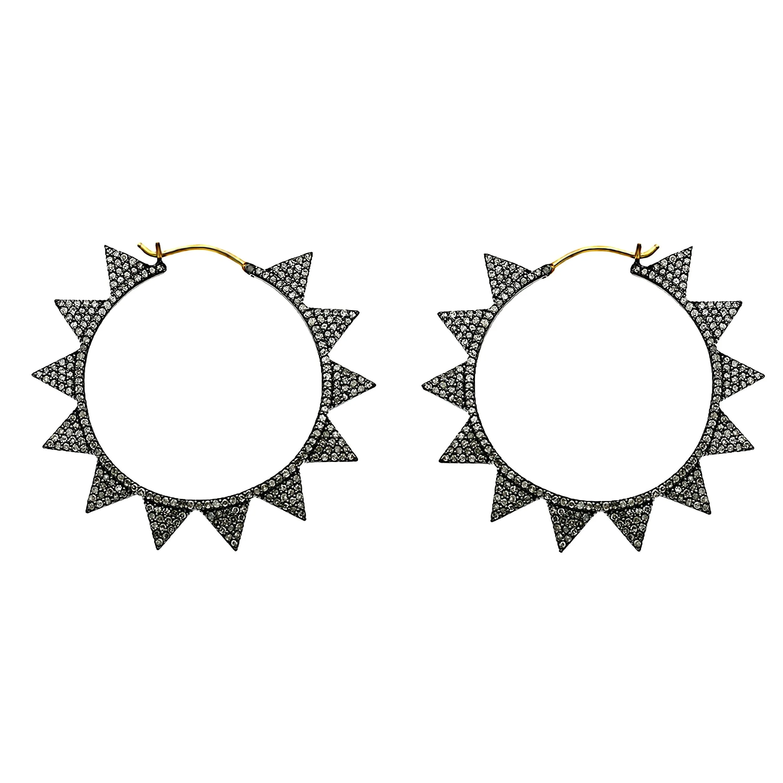 2.72ct Pavé Round Diamonds in 925 Sterling Silver & 14K  Gold Spike Hoop Earrings