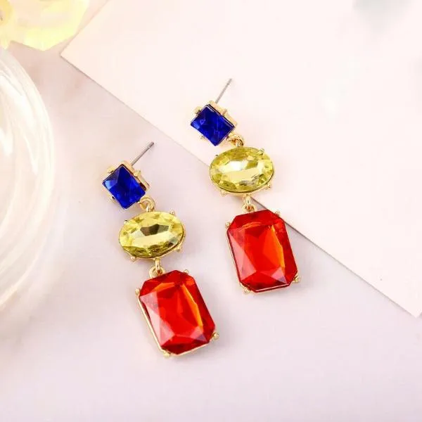 3 Stone Blue Green Red Rhinestone Dangle Earrings