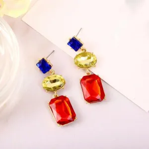 3 Stone Blue Green Red Rhinestone Dangle Earrings
