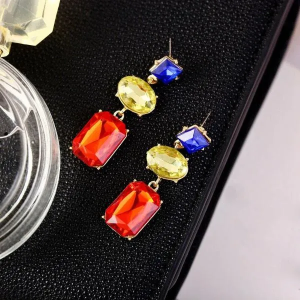 3 Stone Blue Green Red Rhinestone Dangle Earrings
