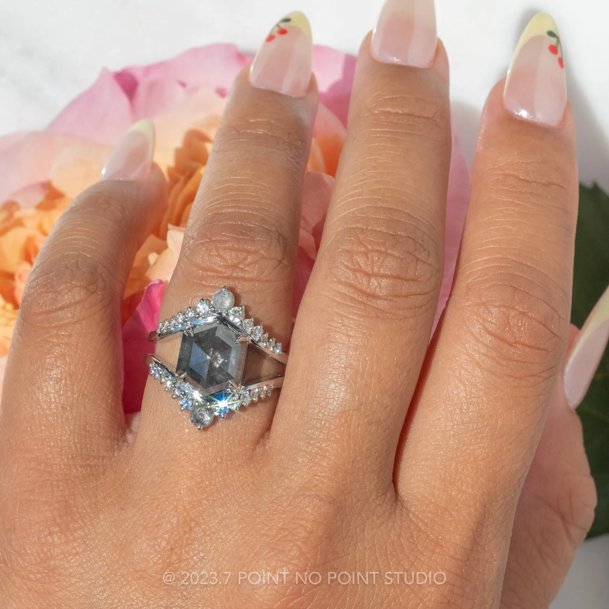 3.99 Carat Salt and Pepper Hexagon Diamond Engagement Ring, Empress Setting, Platinum