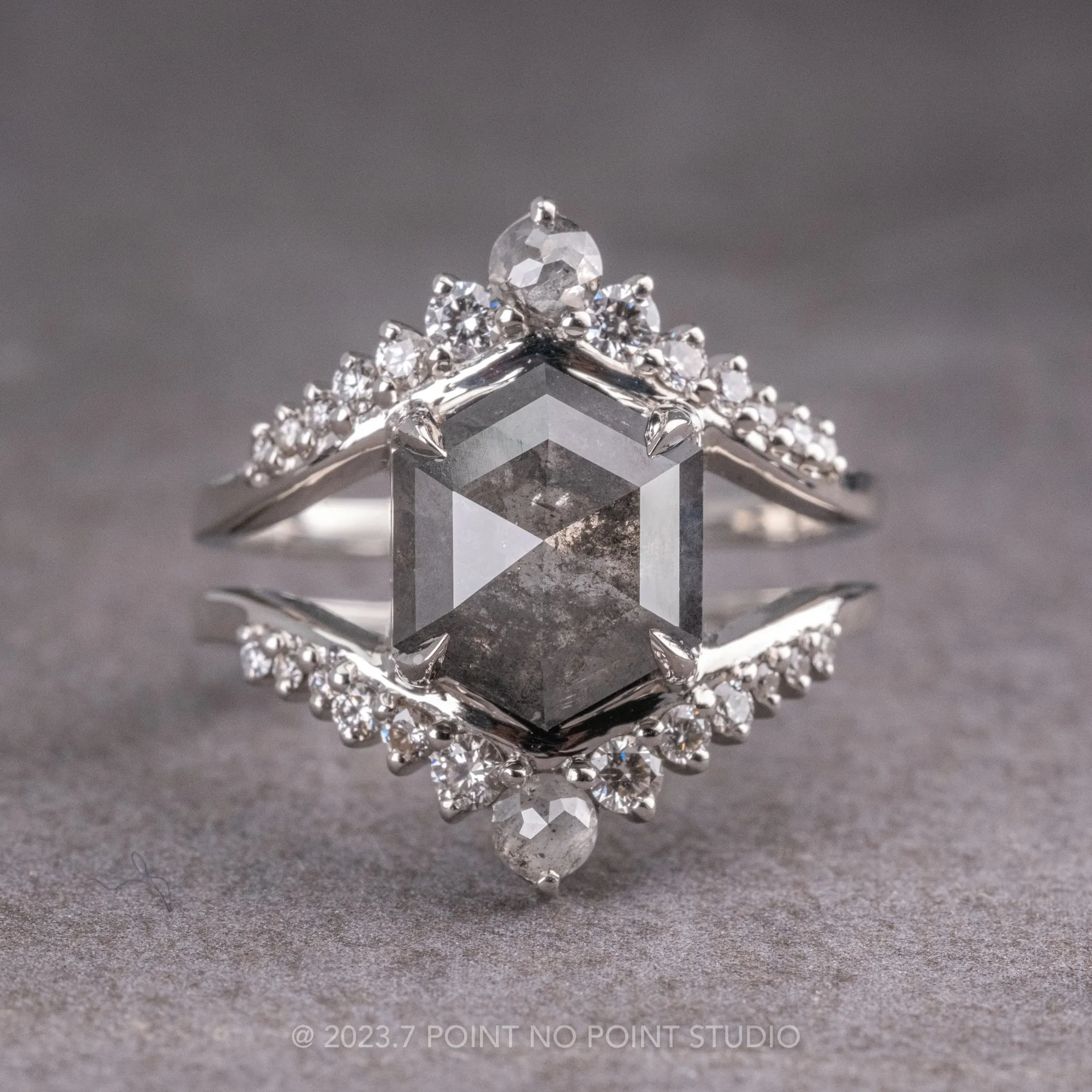 3.99 Carat Salt and Pepper Hexagon Diamond Engagement Ring, Empress Setting, Platinum