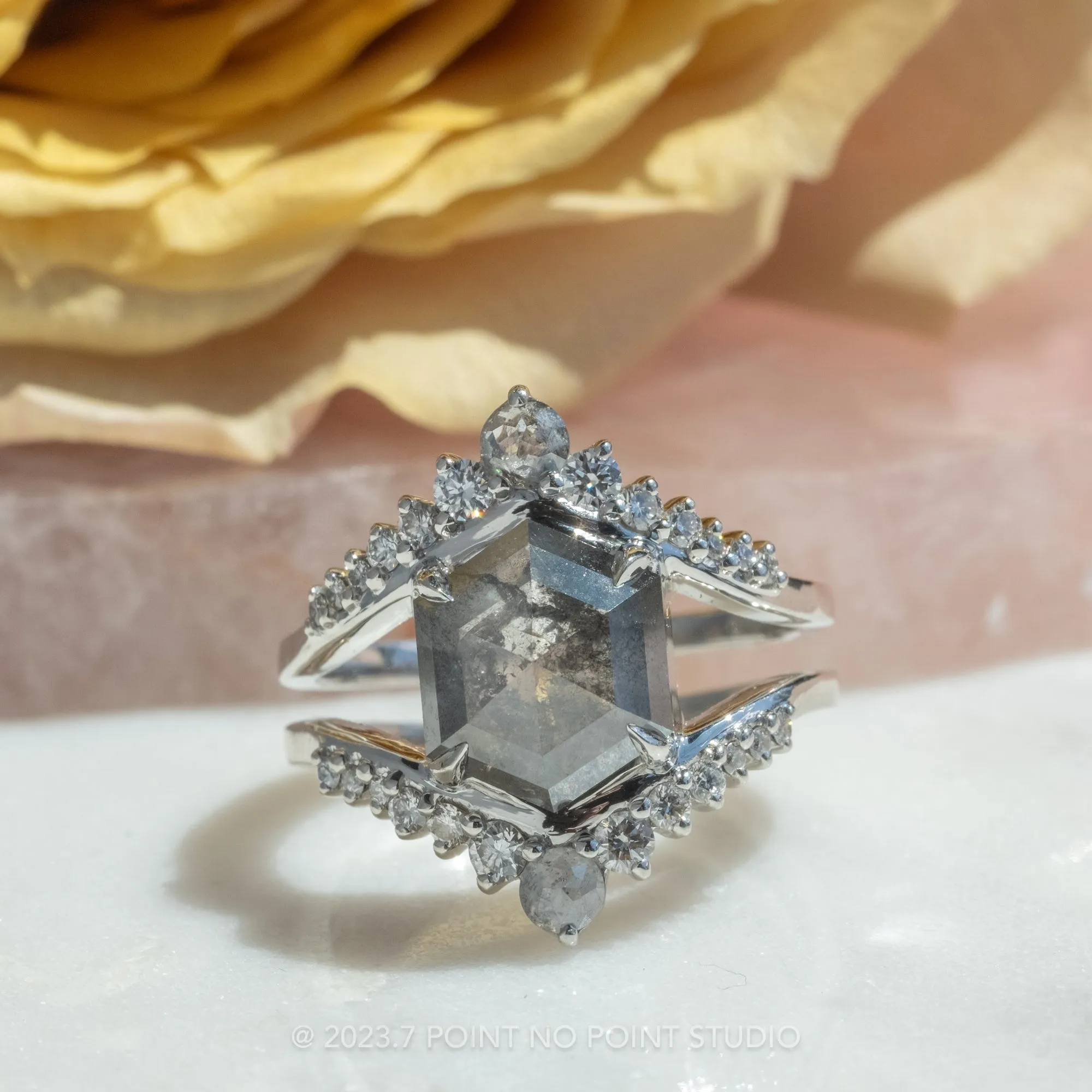 3.99 Carat Salt and Pepper Hexagon Diamond Engagement Ring, Empress Setting, Platinum