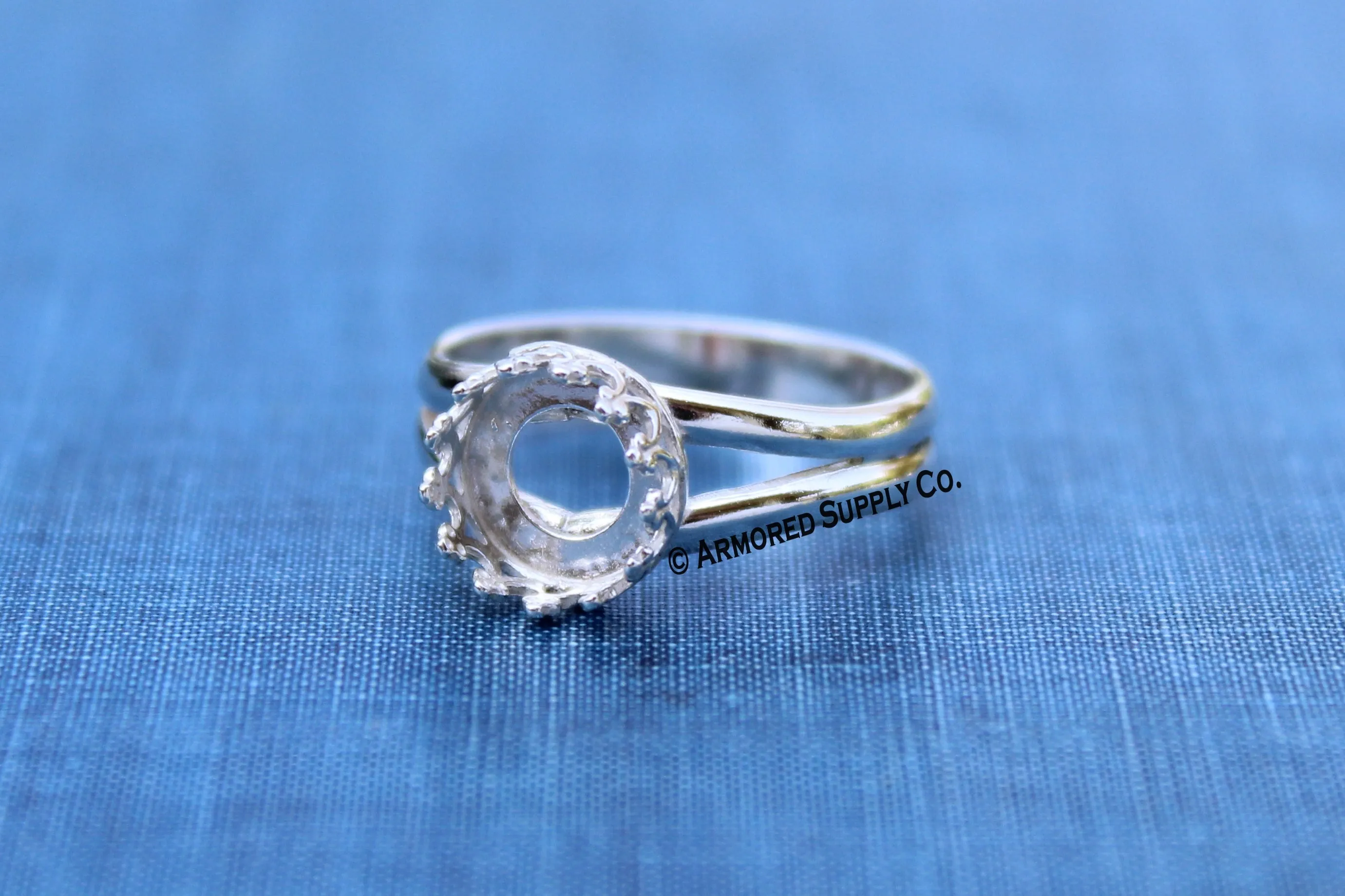 6mm Crown Round Bezel Sterling Silver Split Shank Ring Band blank