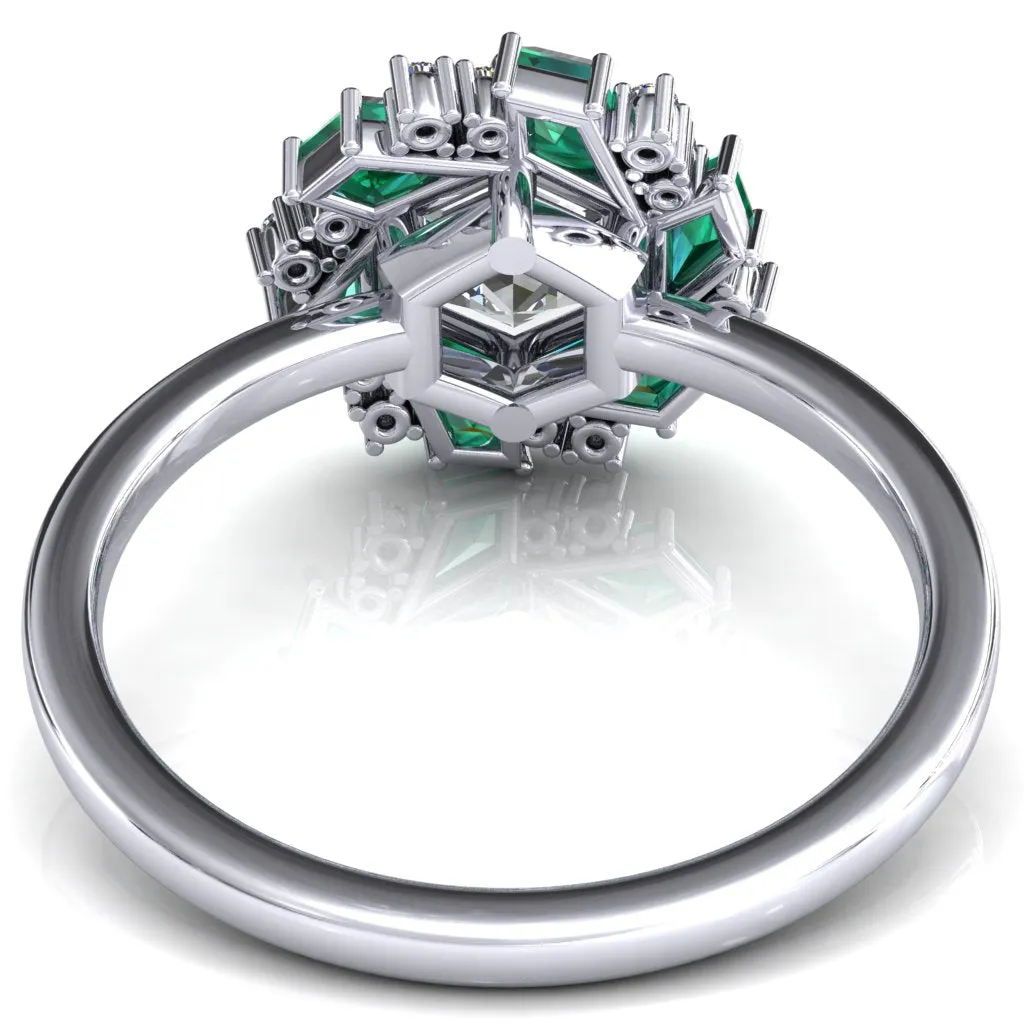 7.0mm Hexagon Center Kite Cut Green Emerald Cluster Halo Ring