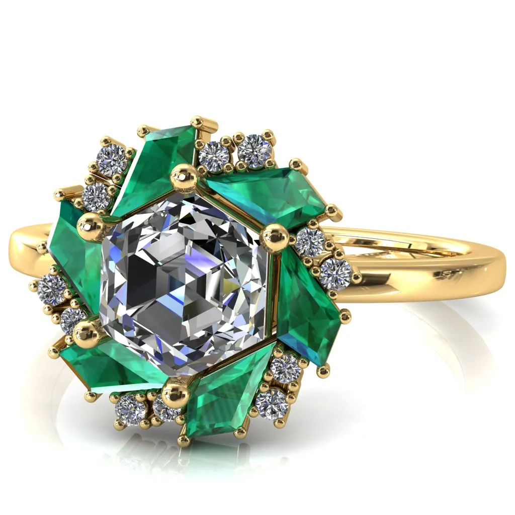 7.0mm Hexagon Center Kite Cut Green Emerald Cluster Halo Ring