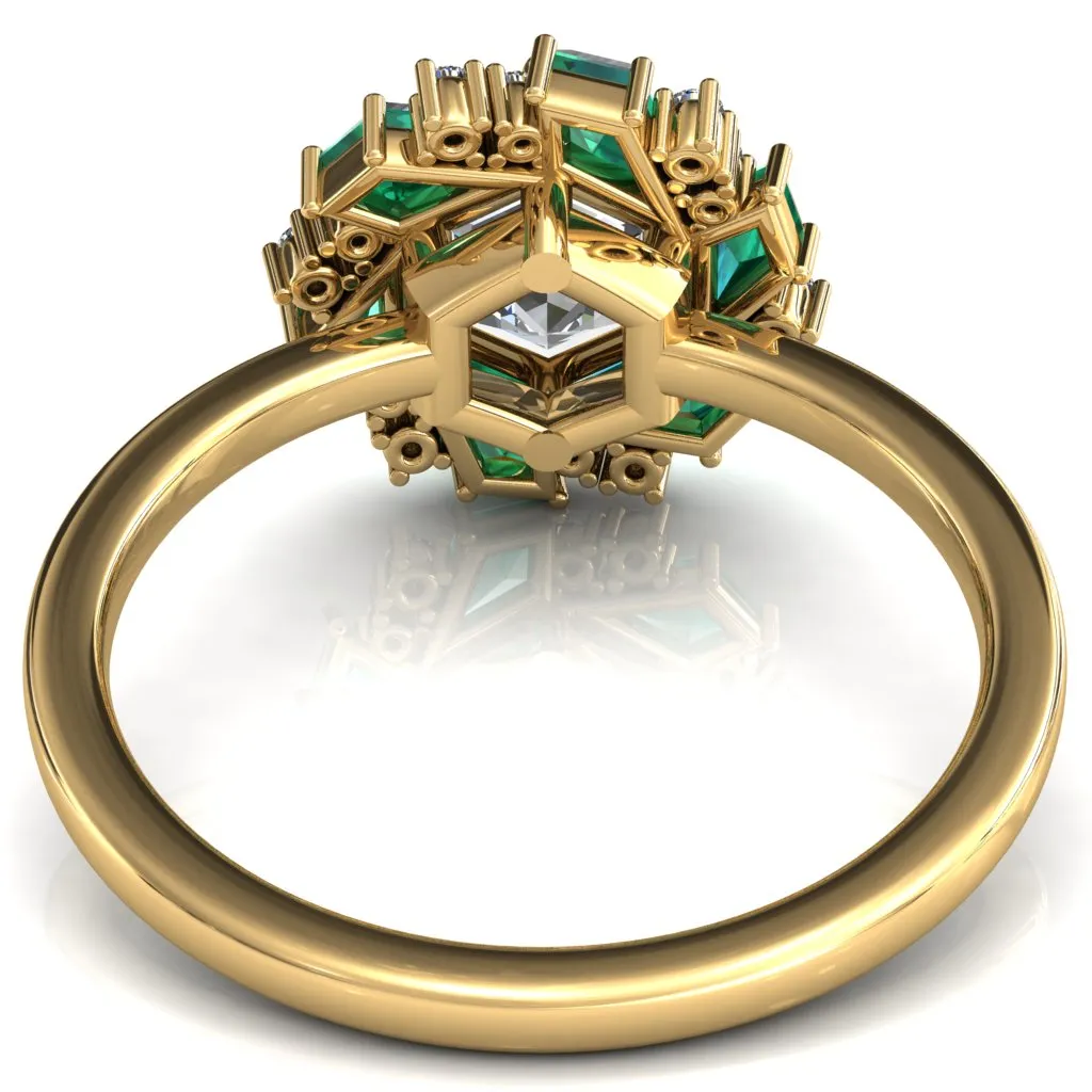 7.0mm Hexagon Center Kite Cut Green Emerald Cluster Halo Ring