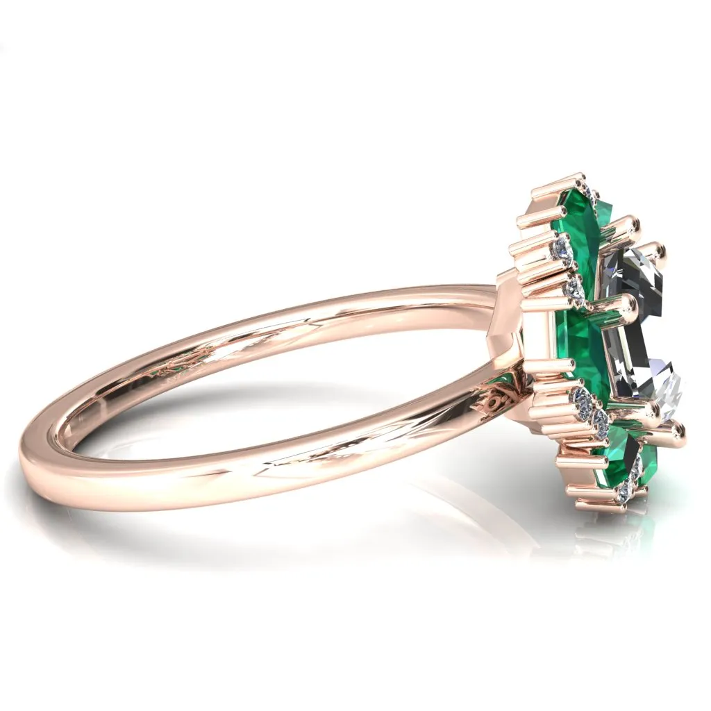 7.0mm Hexagon Center Kite Cut Green Emerald Cluster Halo Ring