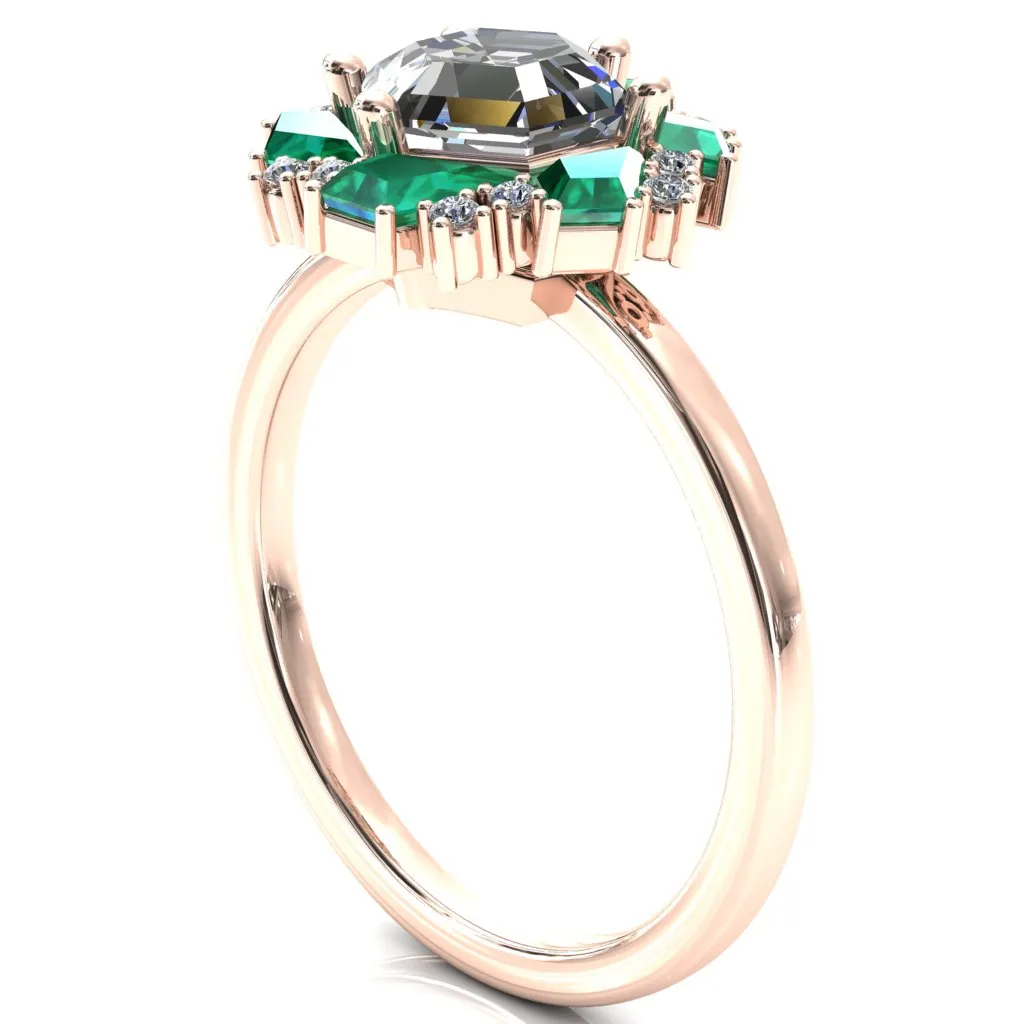 7.0mm Hexagon Center Kite Cut Green Emerald Cluster Halo Ring