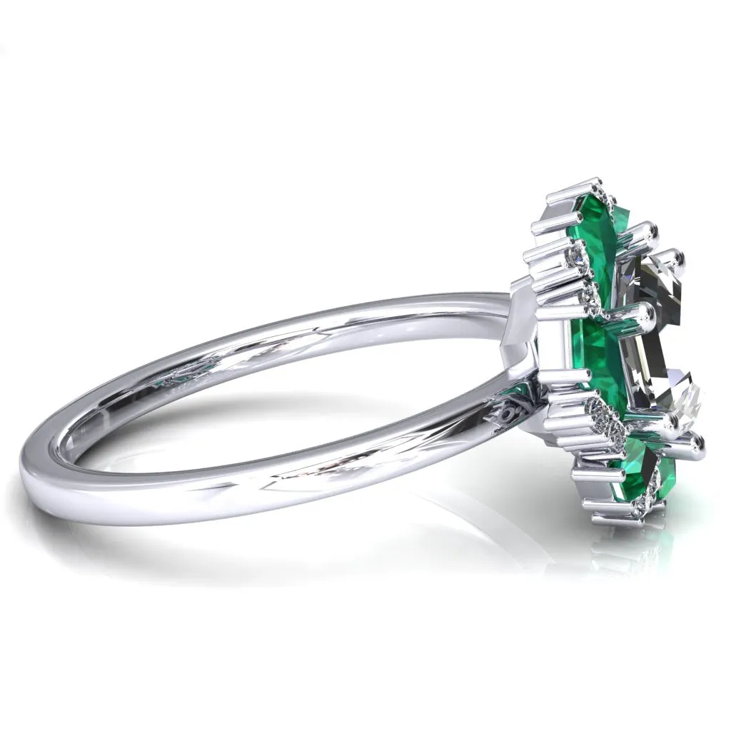 7.0mm Hexagon Center Kite Cut Green Emerald Cluster Halo Ring