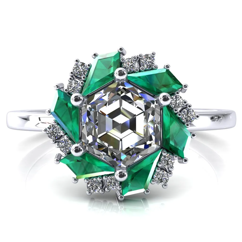 7.0mm Hexagon Center Kite Cut Green Emerald Cluster Halo Ring