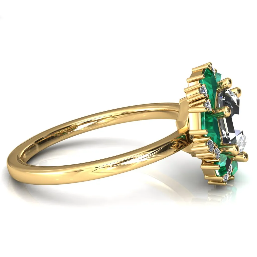 7.0mm Hexagon Center Kite Cut Green Emerald Cluster Halo Ring